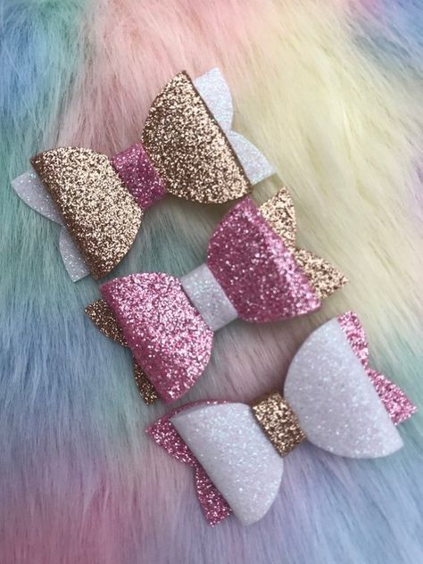 X 3 Bows Girls//Toddler Hair Bow Set Chunky Glitter//Leatherette Hair Bow Clip