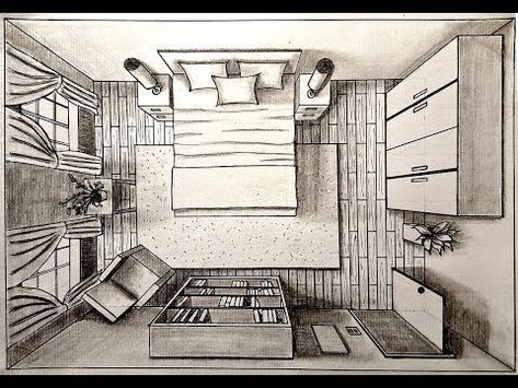 Drawing A Bedroom in one point perspective  Birdu0027s Eye Timelapse 