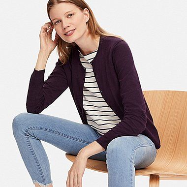 WOMEN EXTRA FINE MERINO CREWNECK CARDIGAN, PURPLE, medium WOMEN EXTRA FINE MERINO CREWNECK CARDIGAN, PURPLE, medium