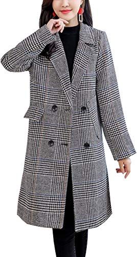 Womens Classic Plaids Trench Coat Elegant Wool Peacoat Mid Length Jacket