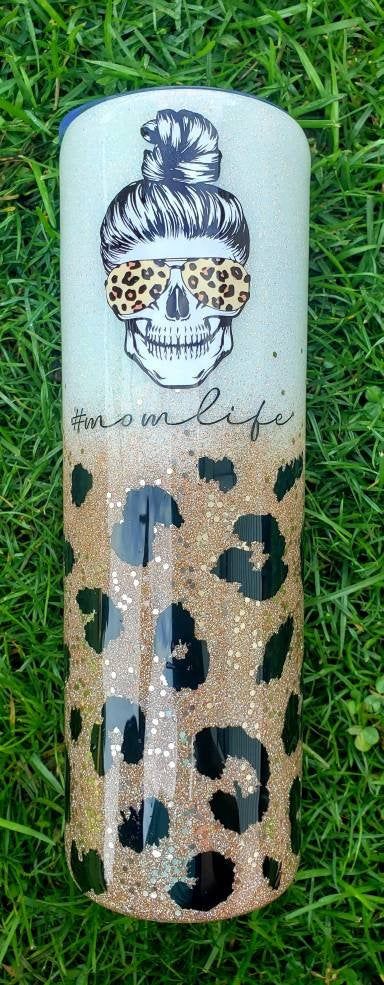 Personalized Tumbler Cheetah Print Leopard Print Mom Tumbler Glitter Tumbler Skull Mom Life Tumbler