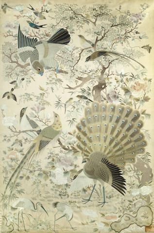 Embroidered silk panel art embroidery Asian-inspired decorative panel birds in a flowering tree