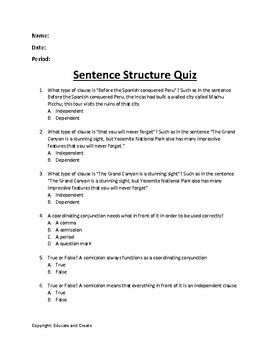 Sentence Structure Quiz Sentence Structure Teaching Sentence