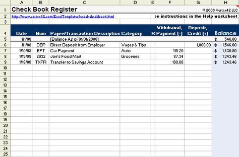 checkbook register excel formula
