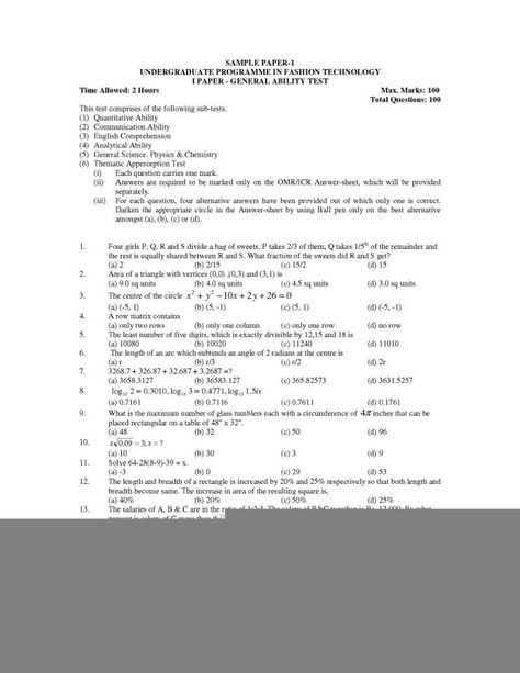 NIFT (BFTech) Entrance Exam Sample Paper - 2016 2017 Student - sample paper NIFT (BFTech) Entrance Exam Sample Paper - 2016 2017 Student - sample paper