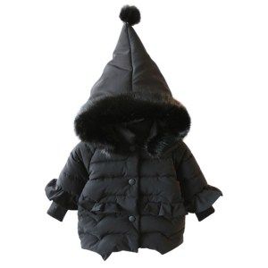 Fur Hooded Coat Boys Kids Black Thick Warm Winter Cotton Padded Parka Jacket e8