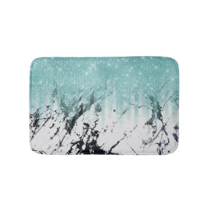 Modern Sparkly Aqua White Marble Glitter Grant Bath Mat