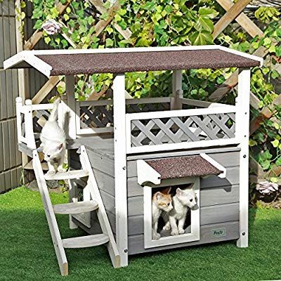 Petsfit 2 Story Outdoor Weatherproof Cat House With Stairs 1 Year Warranty Outdoor Cat House Cat Condo Heated Cat House