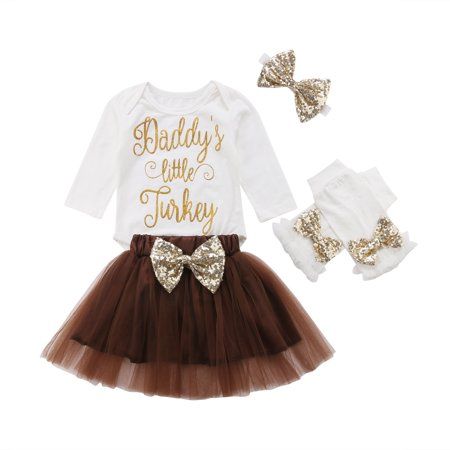 USA Thanksgiving Turkey Newborn Kids Baby Girl Bowknot Short Sleeve Party Dress
