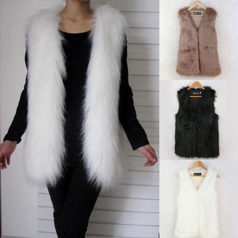 Lingswallow Womens Winter V Neck Slim Faux Fox Fur Thick Sleeveless Vest Jacket Coat