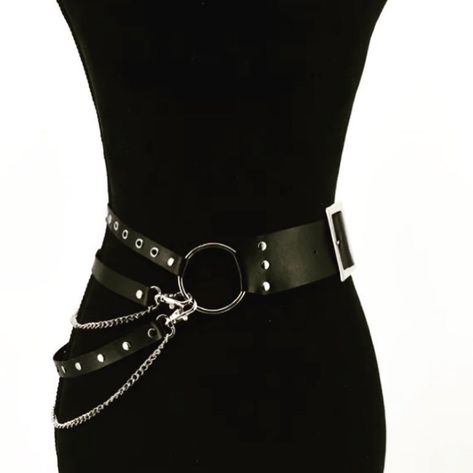 Leather Punk Faux Belt Metal Chain Ring Waist Strap Dance Gothic Binding Harness