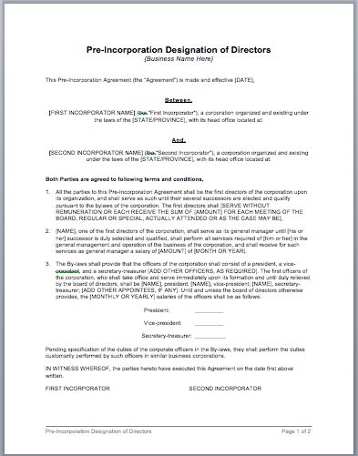 Pre-Incorporation of Directors Designations Agreement Template - production contract template Pre-Incorporation of Directors Designations Agreement Template - production contract template
