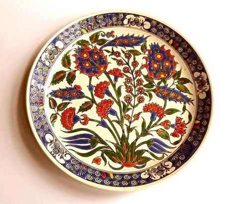 HAND PAINTED PLATE, 9 5/8″ dinner ceramic handmade in Greece,Lindos Keramik,flowers,blue,white,green