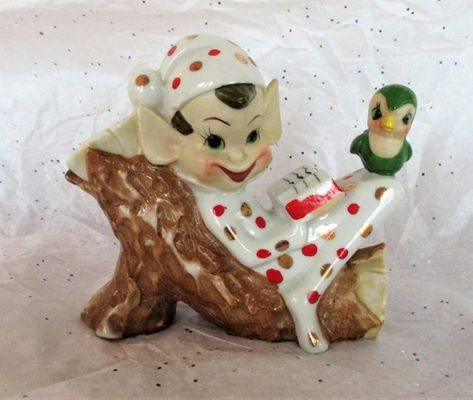 Vintage Enesco Japan Elf Pixie Holding Basket Planter Holiday