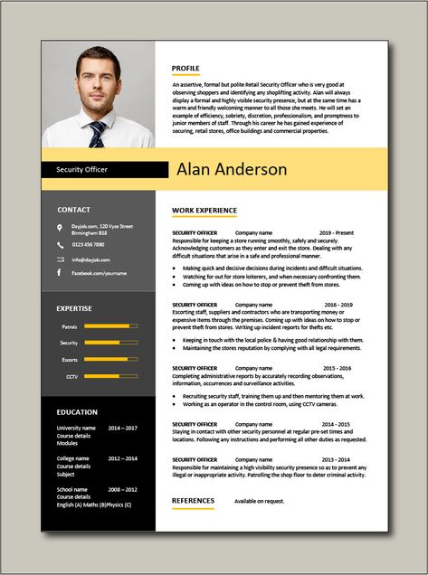 Immediately download this Free Security Officer CV template. Ideal for any Corporate, Retail or Building security jobs. It is in Microsoft Word (DOC) format, easy to edit, printable and can be fully customised. #CV #template #Resume #Free #Job #application #MS #Word #Corporate #Retail #Building #Bank #Guard Executive Jobs, Account Executive, Executive Resume Template, Resume Template Free, Templates Free, Free Resume, O Level Maths, Cv Format For Job, Cv Tips