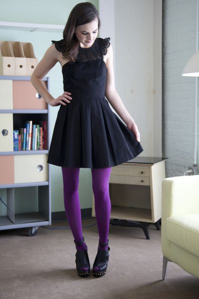 Black & Pleats  Purple tights, Purple tights outfit, Tights outfit