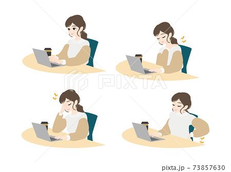 パソコン仕事に伴う疲れや痛みの女性イラスト 女性 イラスト 腰痛 イラスト イラスト