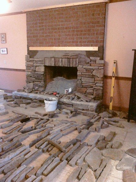 Manufactured Stone Veneer That I Installed In Dry Stack Over A Drab Brick Fireplace Makeover Remodel Modern Design Manufactured Stone Veneer That I, How To Install Natural Stone Over Brick Fireplace