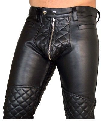 Men/'s Real Leather Bikers Pants Quilted Panels Double Zips Soft Leather Pants