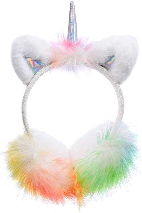 Women Girls Colorful Faux Fur Unicorn Ear Muffs Foldable Winter Ear Warmer Earmuff with Glitter Ears