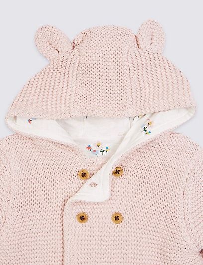 Baby White Chunky Knitted Cardigan With Hood