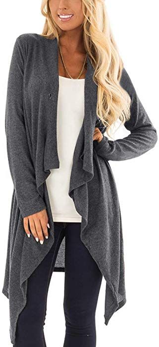 Women Long Sleeve Cardigan Open Front Draped Solid Casual Irregular Hem