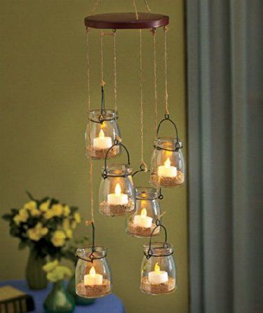 Com Sets Of 6 Dangling Mini Mason Jar Tea Light Glass Holders Porch Patio Garden Decor Tre Holder Hanging Lights Led Mini Mason Jar Tea Light Glass Holders, Small Chandelier Tea Light Holder