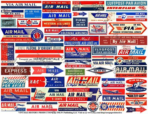 Air Mail Labels, REAL STICKERS, World Air Mail Tags, Aviation Clip Art, Airplane Luggage Decal ...
