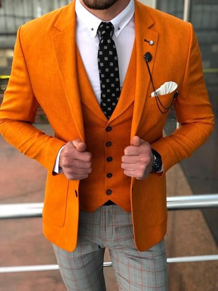 Orange 3 pieces Check Pants tuxedos Men/'s Suit British style custom slim fit New