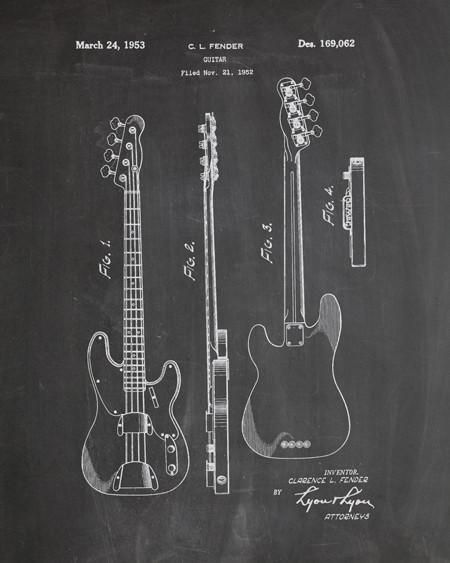 Fender // Guitar // Bass Patent Print Vintage Poster Wall Art A4