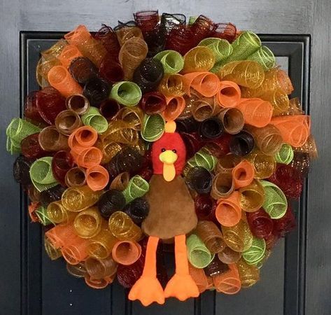 XL FALL CURLY MESH WREATH Orange Brown Gold Spiral Harvest Thanksgiving Decor