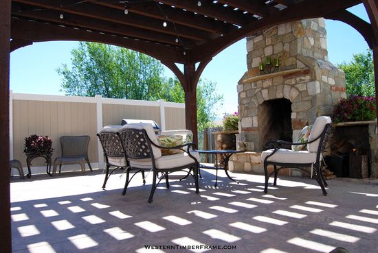 100 Shade Structures with Fire Pits, Fire Places & Barbecue Settings ideas | timber frame pergola, shade structure, outdoor fireplace