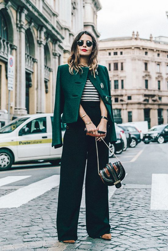 fall / winter - street chic style - street style - fall outfits - casual outfits - work outfits - office wear - business casual - green crop jacket + black and white striped t-shirt + black wide leg pants + camel suede stilettos + black shoulder bag + black sunglasses