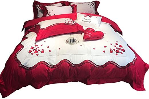 Qinshan Bedding Kit Sweet Princess Style Cotton Material Embroidered Red Love Heart Shaped Pattern Quilt Bed L Princess Style Cotton Material Bed Linens Luxury