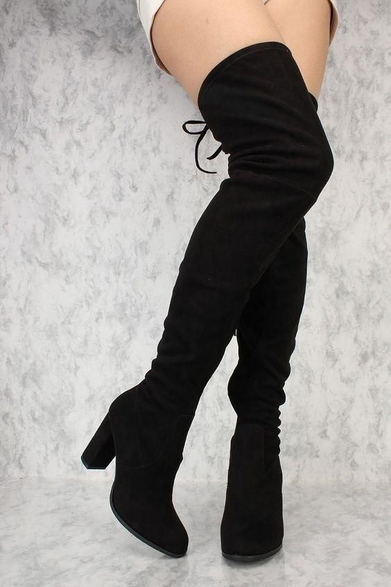 LADIES WOMENS OVER KNEE THIGH HIGH BLOCK HEEL STRETCH POINT TOE BOOTS SHOES SIZE