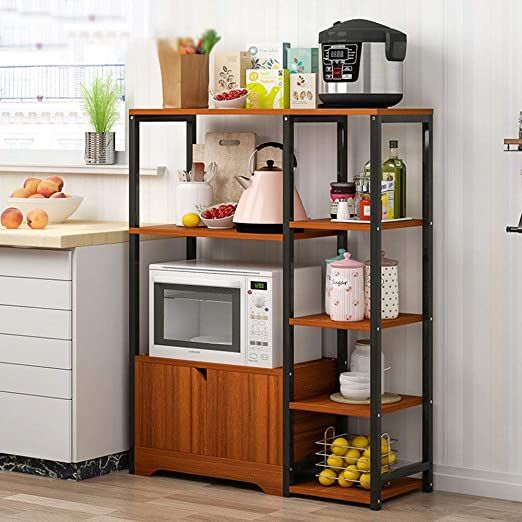 KoTag Kitchen Microwave Oven Rack Shelving Unit Durable Vintage Kitchen Bakers Rack Utility Storage Shelf 5-Tier Shelf with Wire Basket Color : Black//Walnut, Size : 80x30x142cm