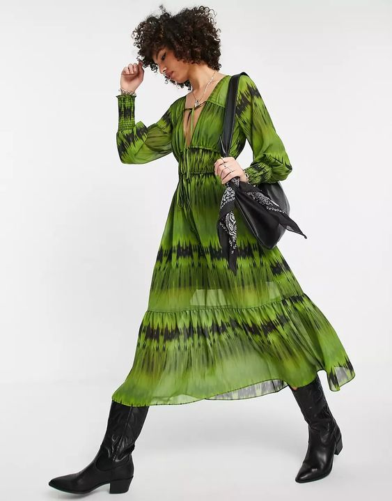 Topshop tie front tie dye midi dress in green | ASOS