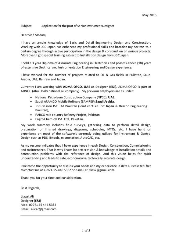 1 of 3 May 2015 Subject Application for the post of Senior - instrument commissioning engineer sample resume 1 of 3 May 2015 Subject Application for the post of Senior - instrument commissioning engineer sample resume