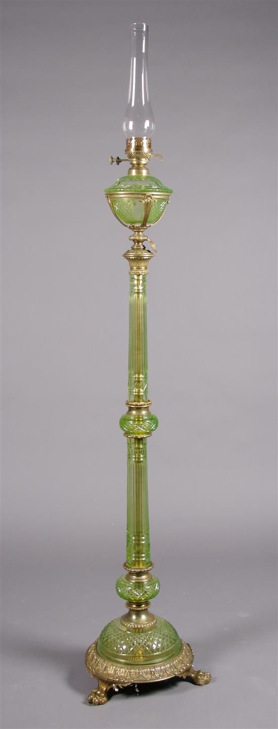 An English Vaseline Glass And Gilt Metal Floor Lamp Height 61 Inches Lantern Vintage Gilt Metal Floor Lamp, Large Hurricane Lamp Vaseline