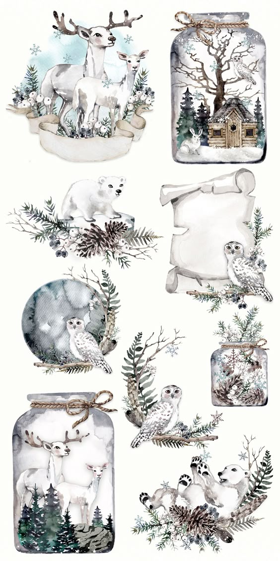 Watercolor Arctic animals clipart Christmas arrangements Winter Wild animals deers snow owl polar bear Winter Decor Digital Download PNG