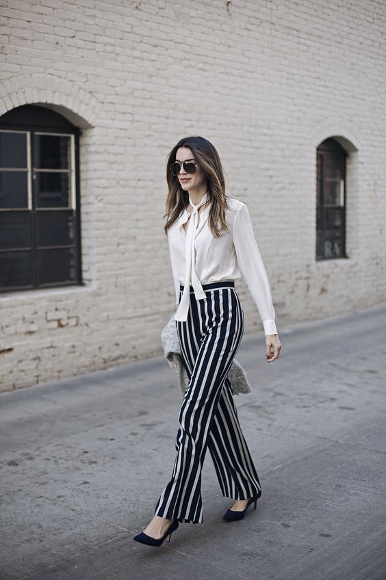 Tie neck blouse & striped pants