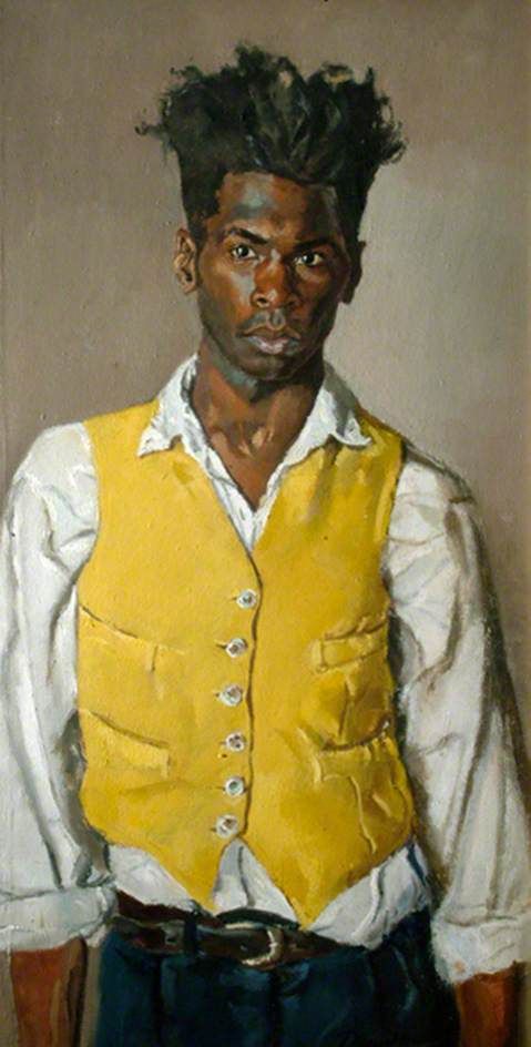 'Self Portrait in a Yellow Waistcoat' (1993) by English painter Desmond Haughton (b 1968). Oil on canvas, 81.3 x 45.7 cm. collection: Royal Holloway, University of London. via BBC