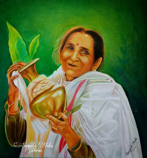 Assamese grandma, painted by Sangeeta Chutia from Assam. The painting was painted with oil pastel..