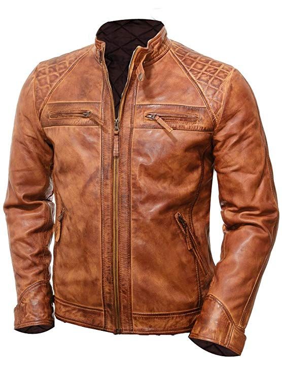 Brown Leather Jacket Mens Cafe Racer Real Lambskin Leather Distressed Motorcycle Jacket