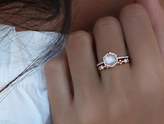 14kt gold and diamond moonstone hex ring â Luna Skye