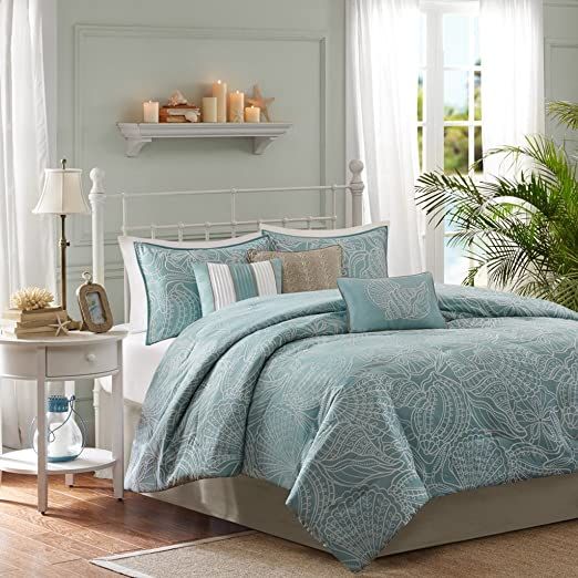 Soft Blue Seass Starfish Beach House Island Cal King Comforter Set 7 Piece Bed In A Bag Bedding Sets Coastal Coastal Bedding Sets, Cal King Coastal Bedding