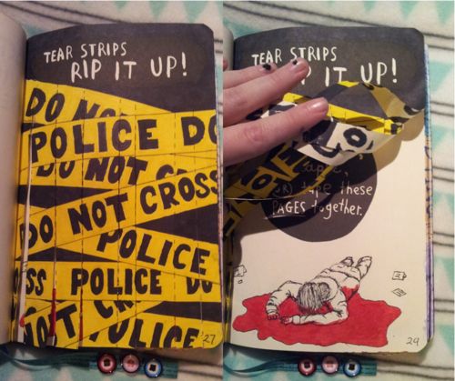 creativebrainwash: “For this page I wanted to create a crime scene. So the strips are part of police line, which may not be crossed. Behind the line you can see a dead bloody body. This is one of my...