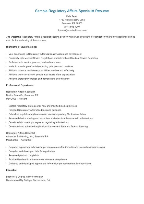 Sample Regulatory Affairs Specialist Resume resame Pinterest - food expeditor resume Sample Regulatory Affairs Specialist Resume resame Pinterest - food expeditor resume