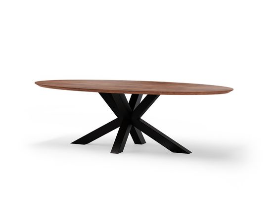 Ovale notenhouten tafel op maat, stalen onderstel XX-poot 10x10.
