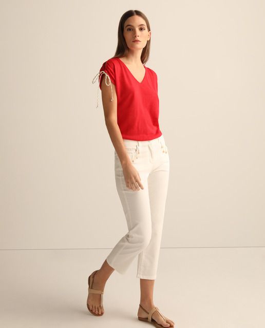 Elogy Pantalón Capri De Mujer 5 Bolsillos Con Adorno Pantalones Capri Camisetas Mujer Pantalones